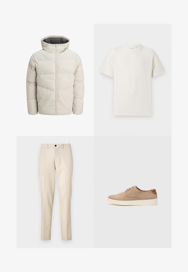 Zateplená bunda ve světle béžové barvě s vysokým límcem a zipovým uzávěrem. Obsahuje prošívaný design a elastické manžety. Lehce svršek.; Bílý krátký rukáv tričko s pružnou strukturou. Kulatý výstřih, volný střih, bez viditelných vzorů nebo detailů. Jednoduchý a univerzální design.; Béžové zakázkově šité kalhoty s hladkou texturou, s předním zapínáním na knoflík, plochým designem vpředu a rovnými nohavicemi. Žádné viditelné kapsy.; Béžové semišové tenisky s kulatou špičkou, šněrováním vpředu a texturovaným zadním akcentem. Bílá gumová podrážka poskytuje kontrast. Jednoduchý a moderní design.