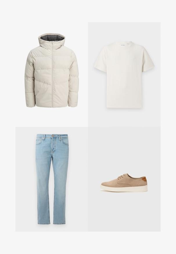Padded jakna u svijetlosmeđoj boji s visokim ovratnikom i zatvaračem na munju. Ima kvadratni dizajn i elastične manžetne. Lagana tkanina.; Bijela kratka majica s kratkim rukavima u rebrastoj teksturi. Okrugli izrez, ležeran kroj, bez vidljivih uzoraka ili akcenta. Jednostavan i svestran dizajn.; Svijetloplave traperice ravnog kroja s pet džepova i kopčanjem na gumbe u struku, prikazane ravno na bijeloj pozadini.; Bež nubuk tenisice s okruglim vrhom, vezanjem sprijeda i teksturiranim stražnjim naglaskom. Bijela gumena potpetica pruža kontrast. Jednostavan i moderan dizajn.