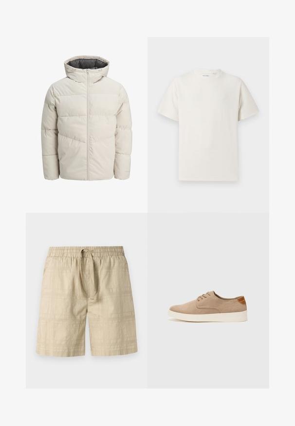 Padded jacket in light beige color with a high collar and zip closure. Features a quilted design and elastic cuffs. Lightweight fabric.; White short-sleeve T-shirt in a ribbed texture. Round neckline, relaxed fit, no visible patterns or accents. Simple and versatile design.; Beige shorts made of lightweight fabric with an elastic waistband and drawstring, featuring a subtle grid pattern and straight cut.; Beige suede sneakers with a rounded toe, lace-up front, and a textured back accent. White rubber sole provides contrast. Simple and modern design.