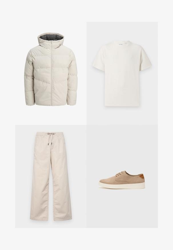Padded jacket in light beige color with a high collar and zip closure. Features a quilted design and elastic cuffs. Lightweight fabric.; White short-sleeve T-shirt in a ribbed texture. Round neckline, relaxed fit, no visible patterns or accents. Simple and versatile design.; Light beige wide-leg pants with an elastic waistband and drawstring. Smooth cotton fabric with two front pleats and no visible pockets.; Beige suede sneakers with a rounded toe, lace-up front, and a textured back accent. White rubber sole provides contrast. Simple and modern design.