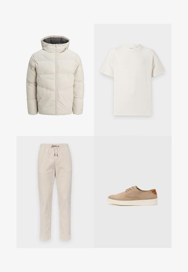 Padded jacket in light beige color with a high collar and zip closure. Features a quilted design and elastic cuffs. Lightweight fabric.; White short-sleeve T-shirt in a ribbed texture. Round neckline, relaxed fit, no visible patterns or accents. Simple and versatile design.; Beige, elasticized jogger pants made from textured fabric. Features a drawstring waistband and tapered legs with no visible pockets.; Beige suede sneakers with a rounded toe, lace-up front, and a textured back accent. White rubber sole provides contrast. Simple and modern design.