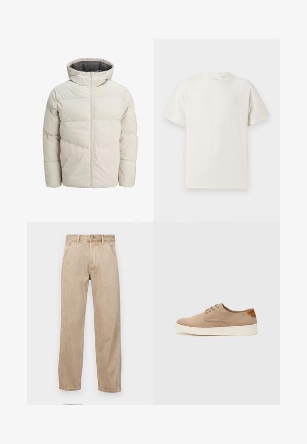 Pružná bunda svetlej béžovej farby s vysokým golierom a zipsom. Má prešívaný dizajn a elastické manžety. Ľahký materiál.; Biela krátka tričko s krátkym rukávom so žebrovanou textúrou. Okrúhly výstrih, uvoľnený strih, žiadne viditeľné vzory ani akcenty. Jednoduchý a všestranný dizajn.; Bežové denimové rifle so strihom rovného nohu, s prednými vreckami, kovovým zapínaním na gombík a jemnou textúrou.; Béžové semišové tenisky s okrúhlou špičkou, šnurovaním vpredu a textúrovaným zadným akcentom. Biela gumová podrážka poskytuje kontrast. Jednoduchý a moderný dizajn.