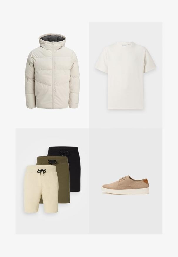 Jachetă captusită de culoare bej deschis, cu guler înalt și închidere cu fermoar. Prezintă un design matlasat și manșete elastice. Material ușor.; Tricou alb cu maneci scurte, dintr-un material ribbed. Guler rotund, croi lejer, fără modele sau accente vizibile. Design simplu și versatil.; Trei perechi de pantaloni scurți în nuanțe de bej, verde măsliniu și negru. Fiecare are o talie cu șnur și buzunare, fiind confecționați dintr-un material moale și elastic.; Tenisi din suede bej cu vârf rotund, sistem de șireturi în față și un accent texturat în spate. Talpa albă din cauciuc oferă un contrast. Design simplu și modern.