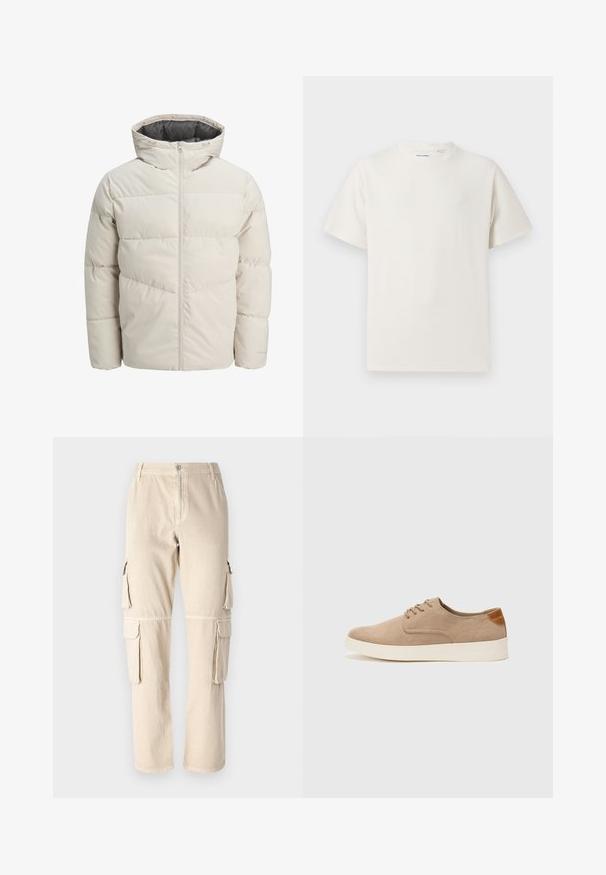 Padded jacket in light beige color with a high collar and zip closure. Features a quilted design and elastic cuffs. Lightweight fabric.; White short-sleeve T-shirt in a ribbed texture. Round neckline, relaxed fit, no visible patterns or accents. Simple and versatile design.; Beige cargo pants made of cotton. Features side pockets, straight leg design, and a button closure at the waistband. Simple stitching details.; Beige suede sneakers with a rounded toe, lace-up front, and a textured back accent. White rubber sole provides contrast. Simple and modern design.