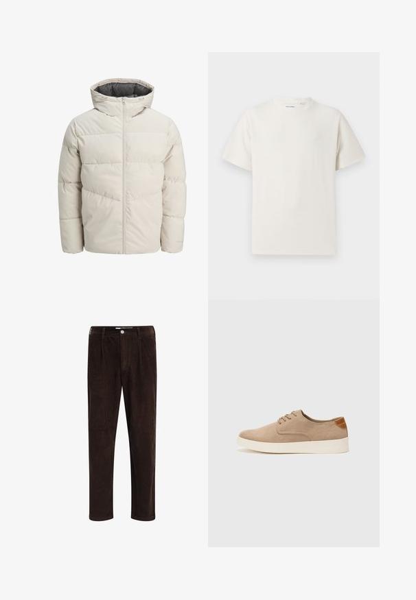 Padded striukė šviesiai bežinės spalvos su aukštu apykakliu ir užtrauktuku. Turi siuvinėtą dizainą ir elastingus rankogalius. Lengvas audinys.; Balta trumpa rankovė T-polo marškinėlių su juostelėmis tekstūra. Apvalus iškirpimas, laisvas fasonas, jokių matomų raštų ar akcentų. Paprastas ir universalus dizainas.; Redefined Rebel JOHN COMFORT FIT - Kelnės - demitasse; Bežiniai zomšiniai sportbačiai su apvaliomis pirštų dalimis, raišteliais priekyje ir tekstūruotu užkulniu. Balta guma suteikia kontrastą. Paprastas ir modernus dizainas.