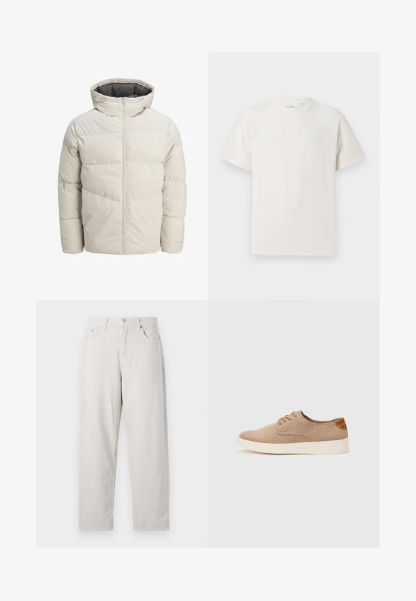 Pufota jaka gaišā bēžā krāsā ar augstu apkakli un rāvējslēdzēja aizdari. Iekļauj kviltotu dizainu un elastīgas aproces. Viegls audums.; Balta krūštura īsām piedurknēm ar ribota auduma faktūru. Apaļš kakla izgriezums, brīvs griezums, bez redzamām rakstām vai akcentiem. Vienkāršs un daudzpusīgs dizains.; Gai bēšas augsto jostasvītru džinsi taisna piegriezuma. Izgatavoti no bieza kokvilnas auduma ar izteiksmīgiem priekšējiem kabatām un vienu metāla pogu.; Beige zamšādas kedas ar noapaļotu purngala daļu, auklēm saplacinātu priekšpusi un teksturētu aizmugures akcentu. Balta gumijas zole nodrošina kontrastu. Vienkāršs un mūsdienīgs dizains.