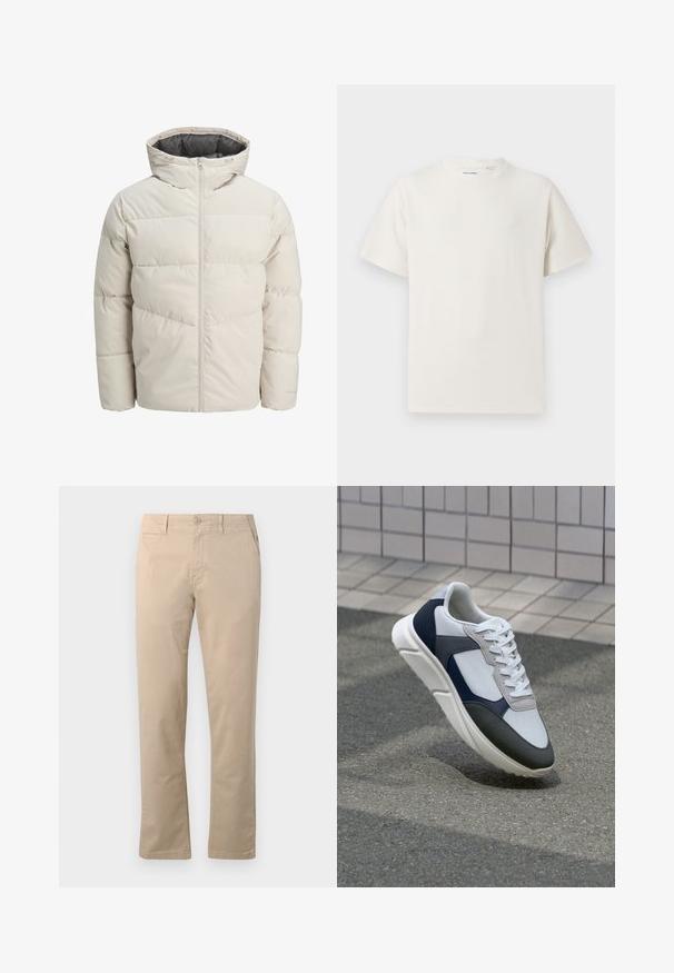 Veste matelassée de couleur beige clair avec un col montant et une fermeture éclair. Présente un design matelassé et des poignets élastiques. Tissu léger.; T-shirt blanc à manches courtes en texture côtelée. Encolure ronde, coupe décontractée, sans motifs ni accents visibles. Design simple et polyvalent.; Chinos beiges en coton, avec une coupe droite, fermeture à bouton traditionnelle et poches latérales avec des coutures nettes.; Baskets blanches, bleu marine et grises avec un design en matériaux mélangés, présentant une tige texturée, des lacets plats et une semelle rembourrée.