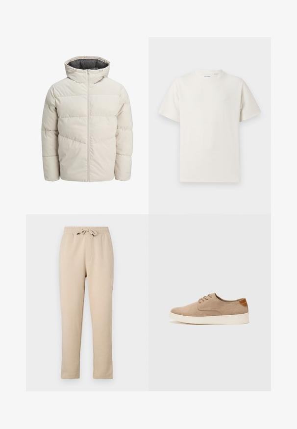 Giacca imbottita di colore beige chiaro con colletto alto e chiusura con zip. Presenta un design trapuntato e polsini elasticizzati. Tessuto leggero.; T-shirt bianca a maniche corte in texture a coste. Girocollo, vestibilità rilassata, senza modelli o accenti visibili. Design semplice e versatile.; Pantaloni della tuta beige con vita elastica, coulisse regolabile, due tasche laterali e design con gamba conica. Tessuto morbido, stile casual.; Sneaker in suede beige con punta arrotondata, stringhe davanti e un accento testurizzato sul retro. La suola in gomma bianca offre un contrasto. Design semplice e moderno.