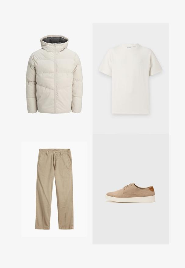 Polstret jakke i lys beige farge med høy krage og glidelås. Har en quiltet design og elastiske mansjetter. Lettvektstoff.; Hvit T-skjorte med kort erm i ribbestrikket tekstur. Rund hals, avslappet passform, ingen synlige mønstre eller detaljer. Enkelt og allsidig design.; Beige straight-leg chinos med beltehemper, frontlukking med knapp og glidelås, og skrå frontlommer.; Beige semskinnsko med rund tå, snøring foran og en teksturert bakre aksent. Hvit gummisåle gir kontrast. Enkelt og moderne design.