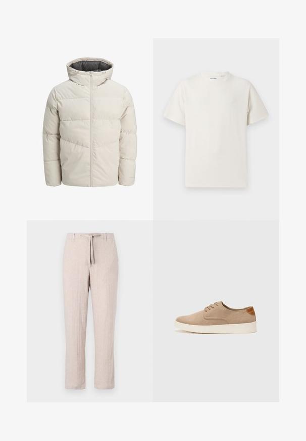 Pufota jaka gaišā bēžā krāsā ar augstu apkakli un rāvējslēdzēja aizdari. Iekļauj kviltotu dizainu un elastīgas aproces. Viegls audums.; Balta krūštura īsām piedurknēm ar ribota auduma faktūru. Apaļš kakla izgriezums, brīvs griezums, bez redzamām rakstām vai akcentiem. Vienkāršs un daudzpusīgs dizains.; Gai bēšas lina bikses ar brīvu piegriezumu, taisnām kājām un aukliņu jostu. Tekstūrēta auduma ar smalkām vertikālām svītrām.; Beige zamšādas kedas ar noapaļotu purngala daļu, auklēm saplacinātu priekšpusi un teksturētu aizmugures akcentu. Balta gumijas zole nodrošina kontrastu. Vienkāršs un mūsdienīgs dizains.