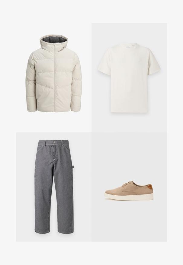 Padded jacket in light beige color with a high collar and zip closure. Features a quilted design and elastic cuffs. Lightweight fabric.; Biała krótka koszulka z krótkim rękawem o żebrowanej fakturze. Okrągły dekolt, luźny krój, brak widocznych wzorów lub akcentów. Prosty i uniwersalny design.; Spodnie w paski wykonane z tkaniny bawełnianej, z pionowymi czarno-białymi paskami, z zapięciem na guzik i bocznymi kieszeniami.; Beżowe zamszowe sneakersy z okrągłym noskiem, sznurowanym przodem i teksturowanym akcentem na tyle. Biała gumowa podeszwa tworzy kontrast. Prosty i nowoczesny design.