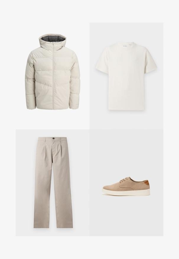 Polstret jakke i lys beige farge med høy krage og glidelås. Har en quiltet design og elastiske mansjetter. Lettvektstoff.; Hvit T-skjorte med kort erm i ribbestrikket tekstur. Rund hals, avslappet passform, ingen synlige mønstre eller detaljer. Enkelt og allsidig design.; Beige bukser med lige ben, med enkelt plissering, fire lommer og knaplukning foran, lavet af letvægts bomuldsstof.; Beige semskinnsko med rund tå, snøring foran og en teksturert bakre aksent. Hvit gummisåle gir kontrast. Enkelt og moderne design.