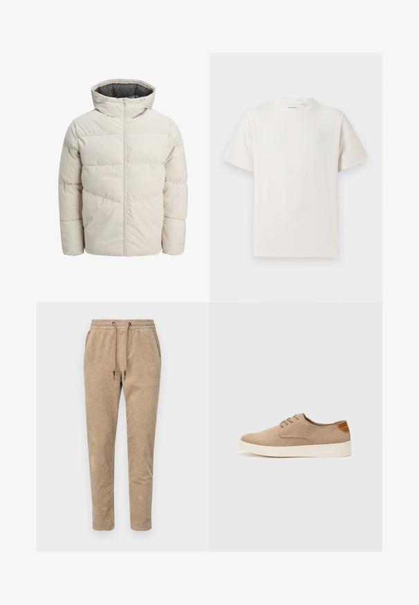 Padded jacket in light beige color with a high collar and zip closure. Features a quilted design and elastic cuffs. Lightweight fabric.; White short-sleeve T-shirt in a ribbed texture. Round neckline, relaxed fit, no visible patterns or accents. Simple and versatile design.; Corduroy jogger pants in light beige, featuring an elastic waistband with drawstrings, tapered legs, and a ribbed texture.; Beige suede sneakers with a rounded toe, lace-up front, and a textured back accent. White rubber sole provides contrast. Simple and modern design.