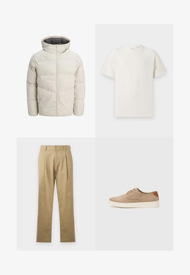 Valgebež väike paks jope kõrge kraega ja lukuga. Omab tikandit ja elastseid mansette. Kerge kangas.; Valge lühikeste varrukatega T-särk ribakudumises. Ümar kaelus, mugav lõige, nähtavad mustrid ega aksessuaarid puuduvad. Lihtne ja mitmekesine disain.; Beežid chinos sirge sääre, volditud ette ja nupuga sulgemisega. Sujuv tekstuur ja tavaline vöökoht.; Beežid nahast tossud ümarate varvastega, paeltega esiosa ja tekstuuriga tagakontuuriga. Valge kummist tallapakkumine loob kontrasti. Lihtne ja kaasaegne disain.