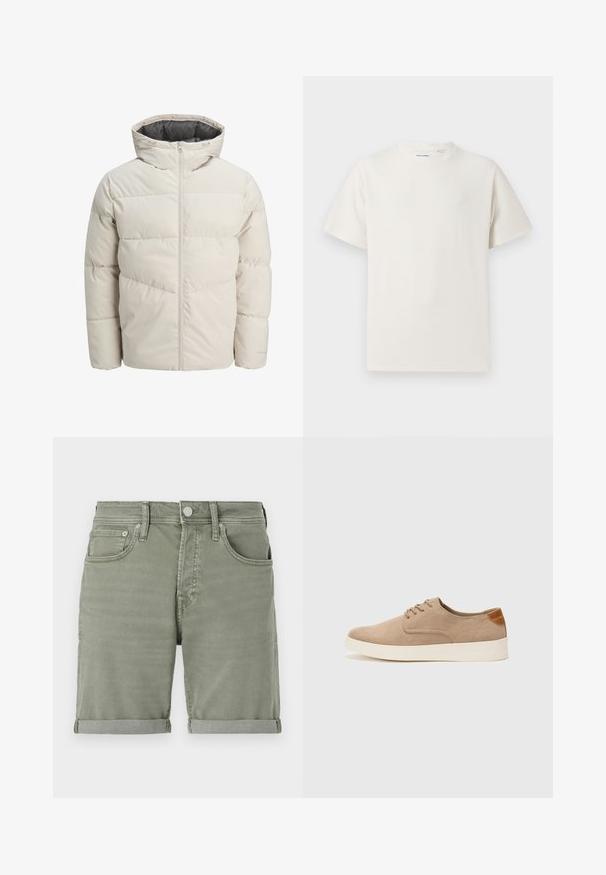 Polstret jakke i lys beige farge med høy krage og glidelås. Har en quiltet design og elastiske mansjetter. Lettvektstoff.; Hvit T-skjorte med kort erm i ribbestrikket tekstur. Rund hals, avslappet passform, ingen synlige mønstre eller detaljer. Enkelt og allsidig design.; Grønne denimshorts med rullet kant, som har frontlommer, knaplukning og en let falming for et afslappet look.; Beige semskinnsko med rund tå, snøring foran og en teksturert bakre aksent. Hvit gummisåle gir kontrast. Enkelt og moderne design.