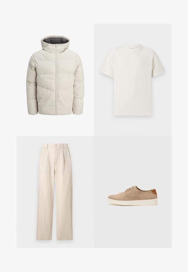 Párnázott dzseki világos bézs színben, magas gallérral és cipzáras záródással. Steppelt dizájn és rugalmas mandzsetta jellemzi. Könnyű anyag.; Fehér, rövid ujjú póló bordázott textúrával. Kerek nyakkivágás, laza szabás, nincs látható minta vagy díszítés. Egyszerű és sokoldalú dizájn.; Beige vászonnadrág laza fazonban, lapos elülső résszel, egy gombos záródással és két zsebbel. A gyűrött textúra részletességet ad.; Beige velúr sportcipő, kerek orral, fűzős elülső résszel és textúrált hátsó részlettel. Fehér gumitalp kontrasztot ad. Egyszerű és modern design.
