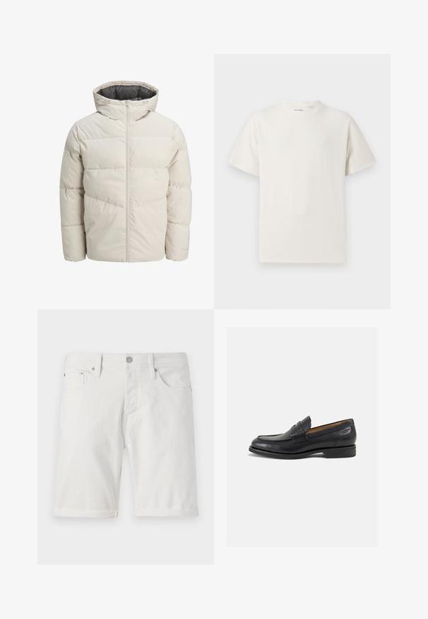 Zateplená bunda ve světle béžové barvě s vysokým límcem a zipovým uzávěrem. Obsahuje prošívaný design a elastické manžety. Lehce svršek.; Bílý krátký rukáv tričko s pružnou strukturou. Kulatý výstřih, volný střih, bez viditelných vzorů nebo detailů. Jednoduchý a univerzální design.; Bílé denimové šortky s klasickým střihem, s ohrnutým lemem, předními kapsami a uzávěrem na kovový knoflík. Hladká struktura.; Černé kožené mokasíny s hladkým povrchem, zaoblenou špičkou a dekorativním prošíváním na svršku. Nízký podpatka a mírný lesk.