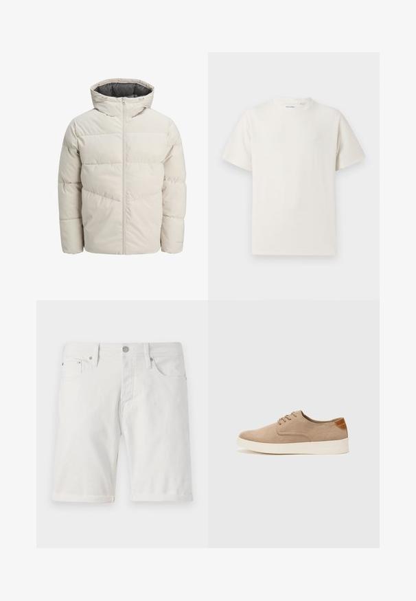 Padded jacket in light beige color with a high collar and zip closure. Features a quilted design and elastic cuffs. Lightweight fabric.; White short-sleeve T-shirt in a ribbed texture. Round neckline, relaxed fit, no visible patterns or accents. Simple and versatile design.; White denim shorts with a classic cut, featuring a rolled hem, front pockets, and a metal button closure. Smooth texture.; Beige suede sneakers with a rounded toe, lace-up front, and a textured back accent. White rubber sole provides contrast. Simple and modern design.