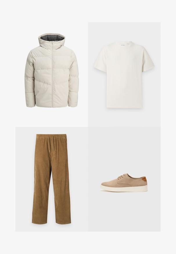 Padded jacket in light beige color with a high collar and zip closure. Features a quilted design and elastic cuffs. Lightweight fabric.; White short-sleeve T-shirt in a ribbed texture. Round neckline, relaxed fit, no visible patterns or accents. Simple and versatile design.; Corduroy pants in a warm brown color featuring an elastic waistband with drawstrings, relaxed fit, and vertical ribbed texture.; Beige suede sneakers with a rounded toe, lace-up front, and a textured back accent. White rubber sole provides contrast. Simple and modern design.