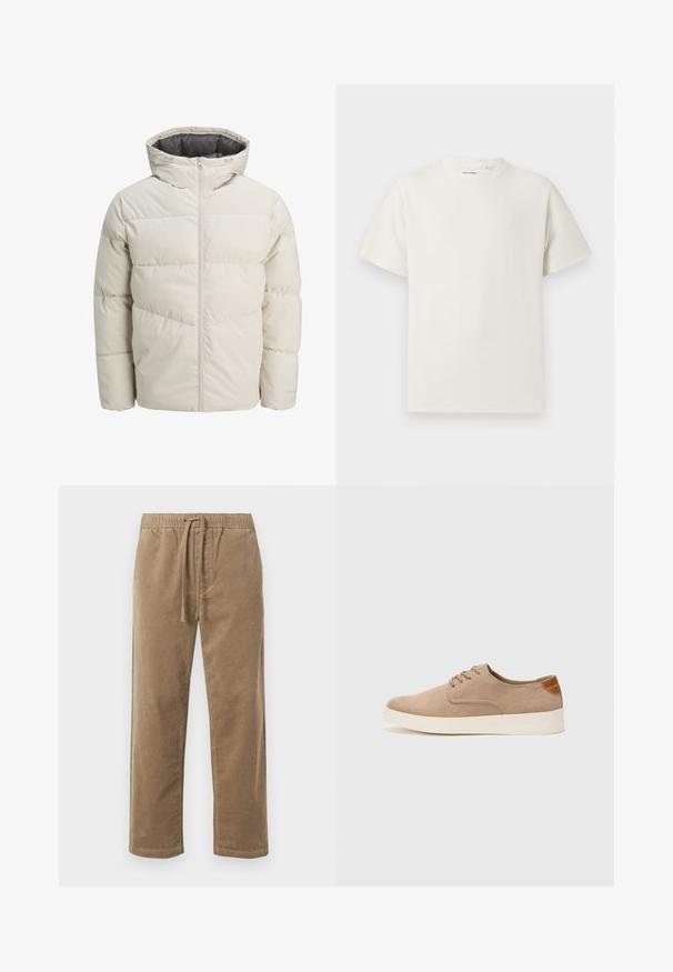 Padded jacket in light beige color with a high collar and zip closure. Features a quilted design and elastic cuffs. Lightweight fabric.; White short-sleeve T-shirt in a ribbed texture. Round neckline, relaxed fit, no visible patterns or accents. Simple and versatile design.; Brown corduroy pants with an elastic waistband and drawstring, featuring a relaxed fit and straight legs, textured surface with ribbed pattern.; Beige suede sneakers with a rounded toe, lace-up front, and a textured back accent. White rubber sole provides contrast. Simple and modern design.