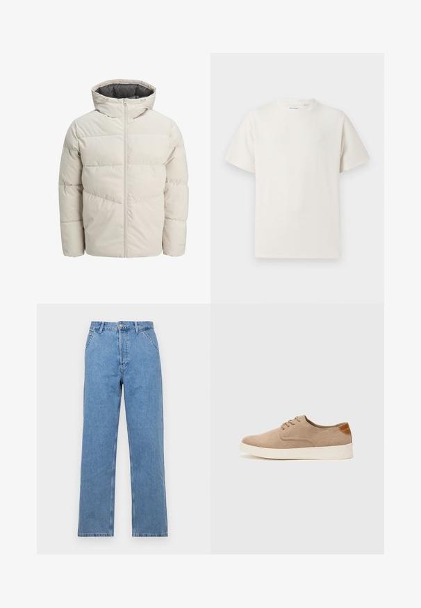 Padded jacket in light beige color with a high collar and zip closure. Features a quilted design and elastic cuffs. Lightweight fabric.; Biała krótka koszulka z krótkim rękawem o żebrowanej fakturze. Okrągły dekolt, luźny krój, brak widocznych wzorów lub akcentów. Prosty i uniwersalny design.; Jasnoniebieskie dżinsy o prostym kroju z klasycznym pięciopocketowym wykończeniem, z zapięciem na guzik z przodu i szlufkami na pasek. Gładka tekstura.; Beżowe zamszowe sneakersy z okrągłym noskiem, sznurowanym przodem i teksturowanym akcentem na tyle. Biała gumowa podeszwa tworzy kontrast. Prosty i nowoczesny design.