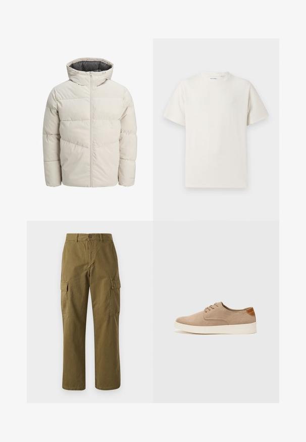 Polstret jakke i lys beige farge med høy krage og glidelås. Har en quiltet design og elastiske mansjetter. Lettvektstoff.; Hvit T-skjorte med kort erm i ribbestrikket tekstur. Rund hals, avslappet passform, ingen synlige mønstre eller detaljer. Enkelt og allsidig design.; Olivenfargede cargo-bukser laget av bomull, med rett ben, knappåpning foran og to sidelommer med klaffelukking.; Beige semskinnsko med rund tå, snøring foran og en teksturert bakre aksent. Hvit gummisåle gir kontrast. Enkelt og moderne design.