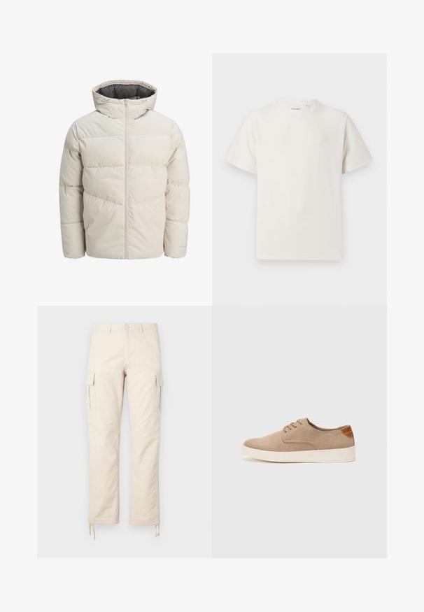 Padded jacket in light beige color with a high collar and zip closure. Features a quilted design and elastic cuffs. Lightweight fabric.; White short-sleeve T-shirt in a ribbed texture. Round neckline, relaxed fit, no visible patterns or accents. Simple and versatile design.; Beige cargo pants made of cotton blend fabric. Features include two side pockets, a straight leg design, and adjustable drawstrings at the hems.; Beige suede sneakers with a rounded toe, lace-up front, and a textured back accent. White rubber sole provides contrast. Simple and modern design.