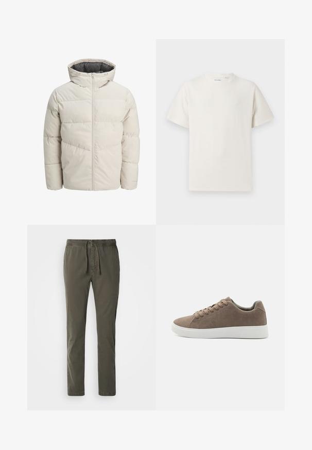 Padded jacket in light beige color with a high collar and zip closure. Features a quilted design and elastic cuffs. Lightweight fabric.; White short-sleeve T-shirt in a ribbed texture. Round neckline, relaxed fit, no visible patterns or accents. Simple and versatile design.; Dark green, tapered pants with an elastic waistband and drawstring. Made of soft cotton material with a smooth texture.; Brown suede sneakers with flat white rubber soles, lace-up design, rounded toe, and a smooth texture. Minimalist style with subtle stitching details.