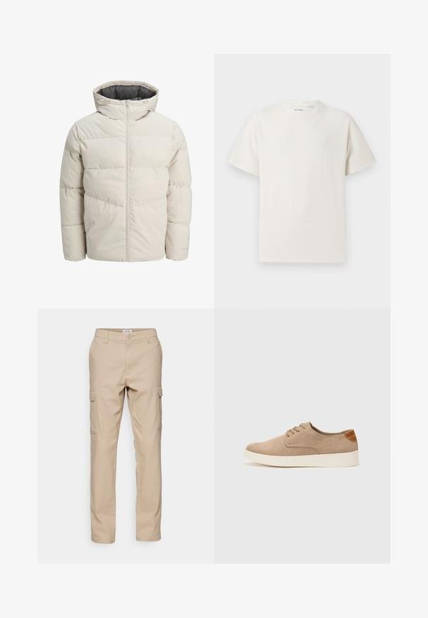 Leichte gepolsterte Jacke in hellbeige mit hohem Kragen und Reißverschluss. Verfügt über ein gestepptes Design und elastische Bündchen. Leichter Stoff.; Weißes T-Shirt mit kurzen Ärmeln in gerippter Textur. Runder Ausschnitt, lockere Passform, keine sichtbaren Muster oder Akzente. Einfaches und vielseitiges Design.; Beige Cargo-Hosen aus strapazierfähigem Stoff, mit mehreren Seitentaschen, klassischem Schnitt und geraden Beinen mit schlichter Naht.; Beige Wildleder-Sneaker mit runder Zehenpartie, Schnürung und strukturiertem Rückenteil. Die weiße Gummisohle sorgt für einen Kontrast. Einfaches und modernes Design.