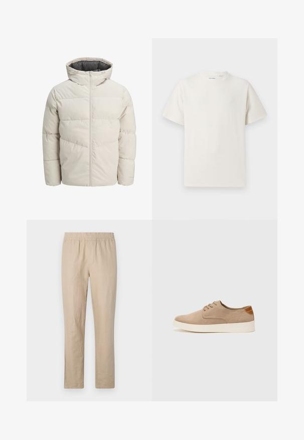 Padded jacket in light beige color with a high collar and zip closure. Features a quilted design and elastic cuffs. Lightweight fabric.; White short-sleeve T-shirt in a ribbed texture. Round neckline, relaxed fit, no visible patterns or accents. Simple and versatile design.; Beige linen pants with an elastic waistband, straight-leg design, and minimal seams for a smooth texture and lightweight feel.; Beige suede sneakers with a rounded toe, lace-up front, and a textured back accent. White rubber sole provides contrast. Simple and modern design.