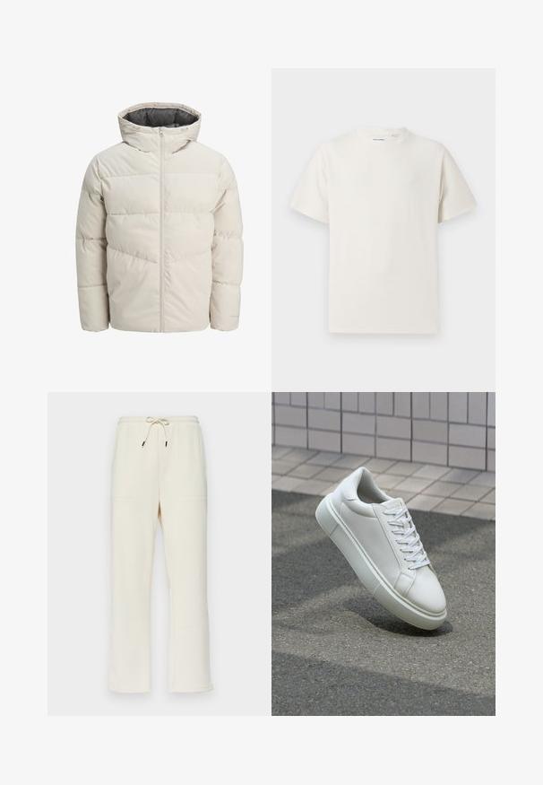 Padded striukė šviesiai bežinės spalvos su aukštu apykakliu ir užtrauktuku. Turi siuvinėtą dizainą ir elastingus rankogalius. Lengvas audinys.; Balta trumpa rankovė T-polo marškinėlių su juostelėmis tekstūra. Apvalus iškirpimas, laisvas fasonas, jokių matomų raštų ar akcentų. Paprastas ir universalus dizainas.; Kreminės spalvos raukšlėtos kelnės su raišteliu talijoje, su dviem šoninėmis kišenėmis ir tiesiai nukirptu dizainu.; Balti odiniai sportbačiai su lygiu paviršiumi, apvalia nosimi ir plokščiomis baltomis raištelėmis. Yra tekstūruotas gumos padas ir minimalizmas dizaino elementuose.