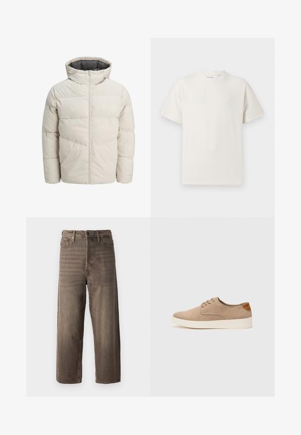 Pružná bunda svetlej béžovej farby s vysokým golierom a zipsom. Má prešívaný dizajn a elastické manžety. Ľahký materiál.; Biela krátka tričko s krátkym rukávom so žebrovanou textúrou. Okrúhly výstrih, uvoľnený strih, žiadne viditeľné vzory ani akcenty. Jednoduchý a všestranný dizajn.; Hnedé široké džínsy vyrobené z denimu. Obsahujú zips, pútka na opasok a päť vreciek. Materiál vykazuje vyblednutý, textúrovaný vzhľad.; Béžové semišové tenisky s okrúhlou špičkou, šnurovaním vpredu a textúrovaným zadným akcentom. Biela gumová podrážka poskytuje kontrast. Jednoduchý a moderný dizajn.