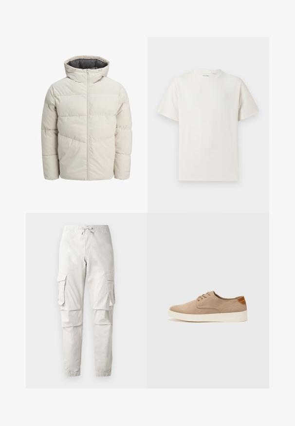 Padded jacket in light beige color with a high collar and zip closure. Features a quilted design and elastic cuffs. Lightweight fabric.; White short-sleeve T-shirt in a ribbed texture. Round neckline, relaxed fit, no visible patterns or accents. Simple and versatile design.; Light beige cargo pants with an elastic waistband, drawstring, side pockets, and tapered cuffs. Made from a smooth, lightweight fabric.; Beige suede sneakers with a rounded toe, lace-up front, and a textured back accent. White rubber sole provides contrast. Simple and modern design.