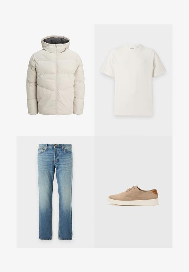 Giacca imbottita di colore beige chiaro con colletto alto e chiusura con zip. Presenta un design trapuntato e polsini elasticizzati. Tessuto leggero.; T-shirt bianca a maniche corte in texture a coste. Girocollo, vestibilità rilassata, senza modelli o accenti visibili. Design semplice e versatile.; Jeans in denim blu chiaro con un design a gamba dritta, caratterizzati da una finitura sbiadita, rivetti in rame e classico stile a cinque tasche.; Sneaker in suede beige con punta arrotondata, stringhe davanti e un accento testurizzato sul retro. La suola in gomma bianca offre un contrasto. Design semplice e moderno.