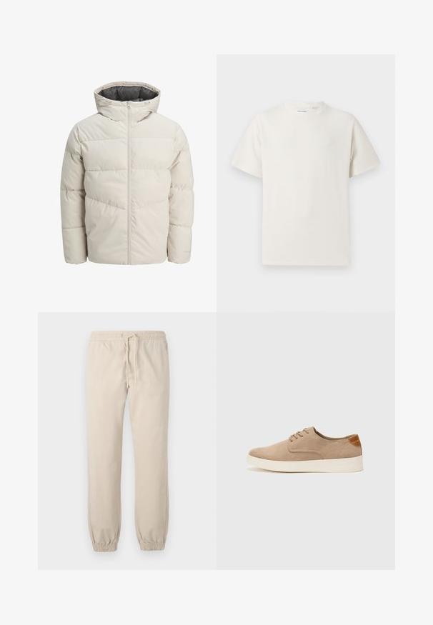 Padded jacket in light beige color with a high collar and zip closure. Features a quilted design and elastic cuffs. Lightweight fabric.; White short-sleeve T-shirt in a ribbed texture. Round neckline, relaxed fit, no visible patterns or accents. Simple and versatile design.; Beige, lightweight jogger pants with an elastic waistband and drawstring. Tapered cuffs at the ankle, smooth texture, minimalist design.; Beige suede sneakers with a rounded toe, lace-up front, and a textured back accent. White rubber sole provides contrast. Simple and modern design.