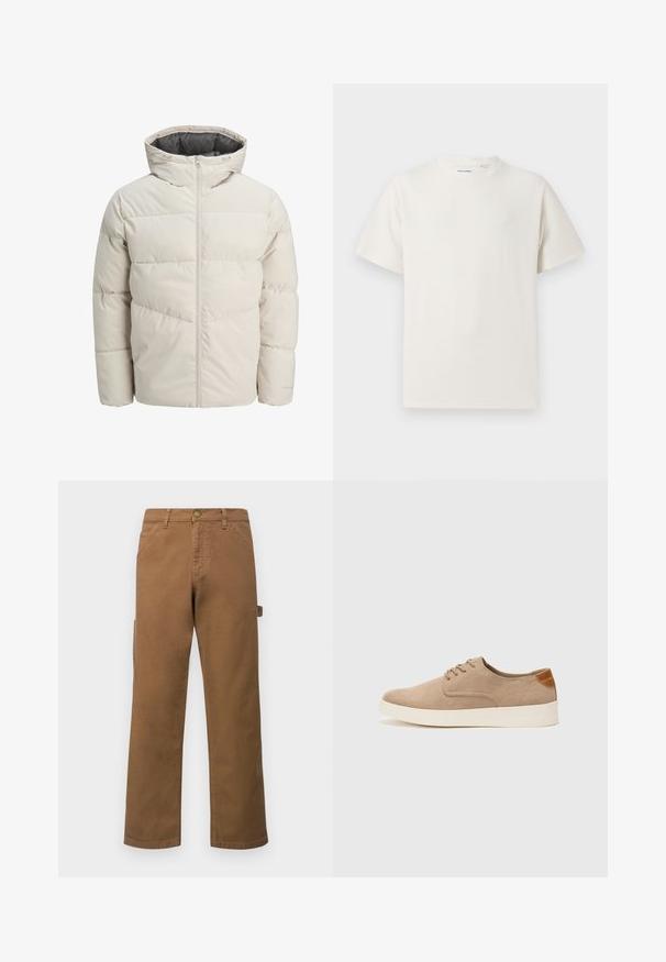 Leichte gepolsterte Jacke in hellbeige mit hohem Kragen und Reißverschluss. Verfügt über ein gestepptes Design und elastische Bündchen. Leichter Stoff.; Weißes T-Shirt mit kurzen Ärmeln in gerippter Textur. Runder Ausschnitt, lockere Passform, keine sichtbaren Muster oder Akzente. Einfaches und vielseitiges Design.; Braune Baumwoll-Cargohosen mit geraden Beinen, versehen mit Seitentaschen und einem Metallknopfverschluss an der Taille. Glatte Textur und lässiges Design.; Beige Wildleder-Sneaker mit runder Zehenpartie, Schnürung und strukturiertem Rückenteil. Die weiße Gummisohle sorgt für einen Kontrast. Einfaches und modernes Design.