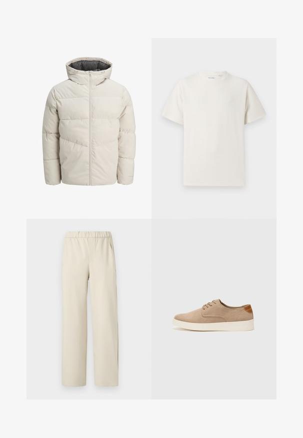 Chaqueta acolchada en color beige claro con un alto cuello y cierre de cremallera. Presenta un diseño acolchado y puños elásticos. Tejido ligero.; Camiseta blanca de manga corta en textura acanalada. Cuello redondo, corte relajado, sin patrones ni acentos visibles. Diseño simple y versátil.; Pantalones de pierna ancha en color beige con una cinturilla elástica, confeccionados en tela suave. Presentan una textura lisa y sin patrones o herrajes visibles.; Zapatillas de ante beige con puntera redondeada, cordones en la parte delantera y un acento texturizado en la parte trasera. La suela de goma blanca proporciona contraste. Diseño sencillo y moderno.