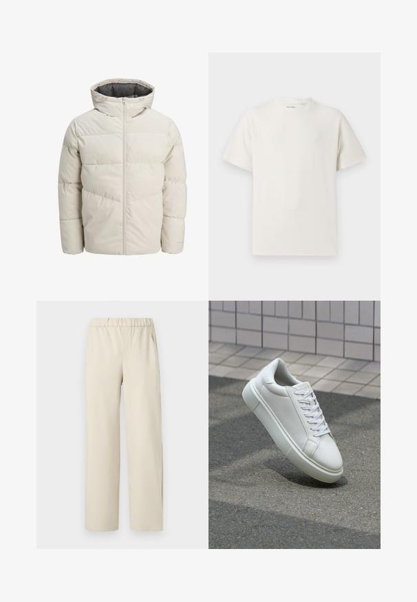 Valgebež väike paks jope kõrge kraega ja lukuga. Omab tikandit ja elastseid mansette. Kerge kangas.; Valge lühikeste varrukatega T-särk ribakudumises. Ümar kaelus, mugav lõige, nähtavad mustrid ega aksessuaarid puuduvad. Lihtne ja mitmekesine disain.; Bežid laia säärega püksid elastse vöökohaga, valmistatud pehmest kangast. Omab siledat tekstuuri ning ei sisalda nähtavaid mustreid ega metallosi.; Valge nahkline sneka, millel on sile pind, ümar varvas ja lame valge pael. Omab tekstuuriga kummist talla ja minimaalset kujunduselementi.