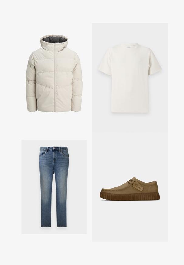 Párnázott dzseki világos bézs színben, magas gallérral és cipzáras záródással. Steppelt dizájn és rugalmas mandzsetta jellemzi. Könnyű anyag.; Fehér, rövid ujjú póló bordázott textúrával. Kerek nyakkivágás, laza szabás, nincs látható minta vagy díszítés. Egyszerű és sokoldalú dizájn.; TOM TAILOR JOSH - Egyenes szárú farmer - clean light stone blue denim; Világosbarna velúr cipők, lekerekített orral, díszített varrással és bordás barna gumi talppal. Az oldalon található egy címke a "Clarks" logójával.