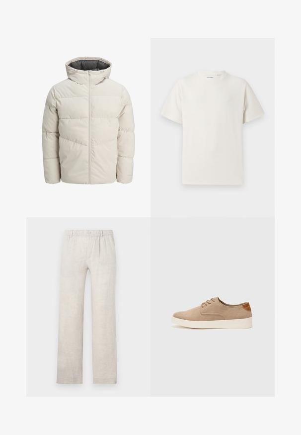 Leichte gepolsterte Jacke in hellbeige mit hohem Kragen und Reißverschluss. Verfügt über ein gestepptes Design und elastische Bündchen. Leichter Stoff.; Weißes T-Shirt mit kurzen Ärmeln in gerippter Textur. Runder Ausschnitt, lockere Passform, keine sichtbaren Muster oder Akzente. Einfaches und vielseitiges Design.; Helle beige Leinenhosen mit geradem Bein, elastischem Bund und Knopfverschluss. Minimale Textur mit dezenten Nähten.; Beige Wildleder-Sneaker mit runder Zehenpartie, Schnürung und strukturiertem Rückenteil. Die weiße Gummisohle sorgt für einen Kontrast. Einfaches und modernes Design.