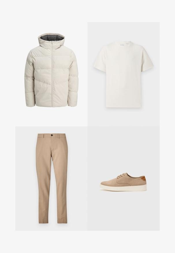 Padded jacket in light beige color with a high collar and zip closure. Features a quilted design and elastic cuffs. Lightweight fabric.; White short-sleeve T-shirt in a ribbed texture. Round neckline, relaxed fit, no visible patterns or accents. Simple and versatile design.; Beige tailored trousers made of a smooth fabric, featuring a button closure, belt loops, and slim-fit design with a straight leg.; Beige suede sneakers with a rounded toe, lace-up front, and a textured back accent. White rubber sole provides contrast. Simple and modern design.