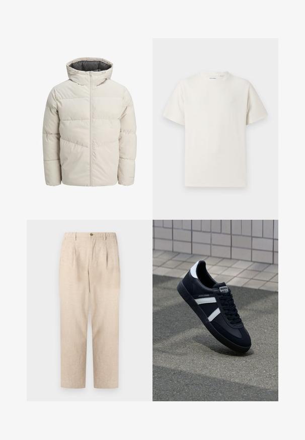 Polstret jakke i lys beige farve med høj krave og lynlås. Har et quiltet design og elastiske manchetter. Letvægtsstof.; Hvid kortærmet T-shirt i ribbet tekstur. Rund halsudskæring, løs pasform, ingen synlige mønstre eller accenter. Enkel og alsidig design.; Beige linnedragter med folder, elastisk talje og en enkelt knaplukning. Lige pasform med en tekstureret overflade.; Sort lædersneaker med hvide striber, tekstureret gummisål og snørrebånd foran. Har et brandet mærke på tungen.