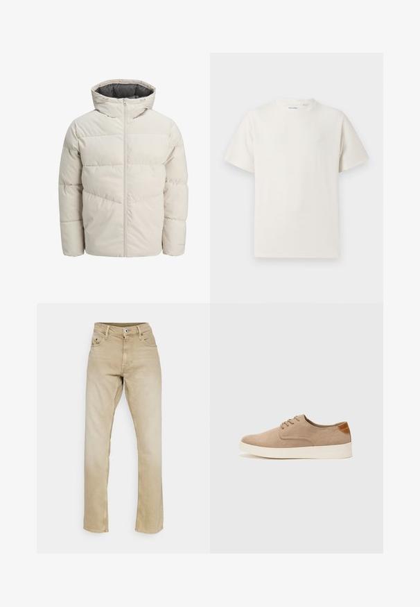 Padded jacket in light beige color with a high collar and zip closure. Features a quilted design and elastic cuffs. Lightweight fabric.; Biała krótka koszulka z krótkim rękawem o żebrowanej fakturze. Okrągły dekolt, luźny krój, brak widocznych wzorów lub akcentów. Prosty i uniwersalny design.; Beżowe dżinsy z prostymi nogawkami, pięcioma kieszeniami i zapięciem na guzik. Charakteryzują się miękką fakturą i prostymi akcentami w szwie.; Beżowe zamszowe sneakersy z okrągłym noskiem, sznurowanym przodem i teksturowanym akcentem na tyle. Biała gumowa podeszwa tworzy kontrast. Prosty i nowoczesny design.