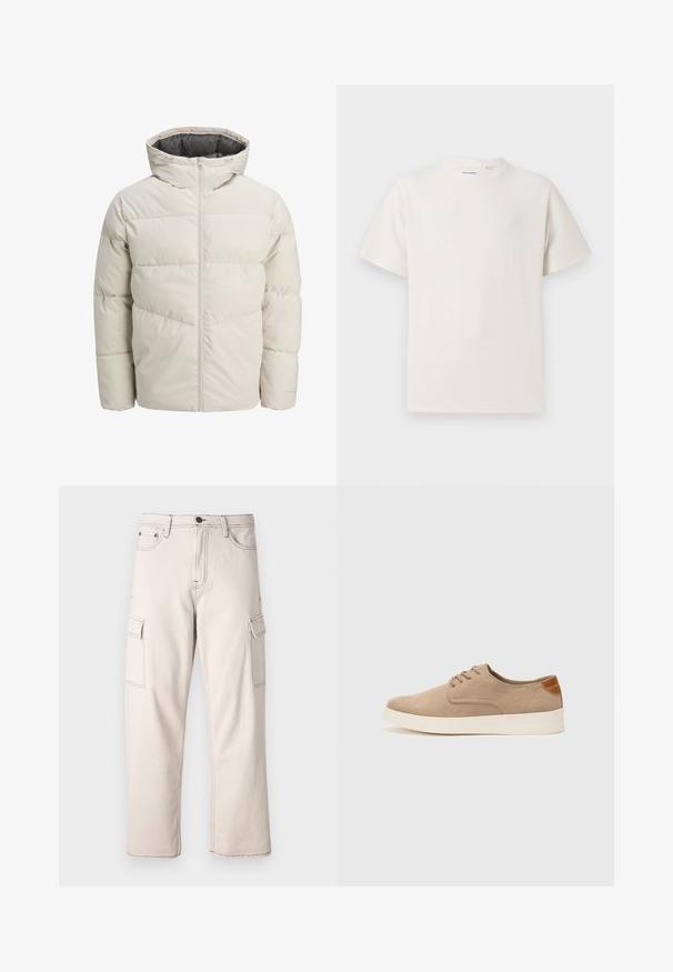 Padded jacket in light beige color with a high collar and zip closure. Features a quilted design and elastic cuffs. Lightweight fabric.; White short-sleeve T-shirt in a ribbed texture. Round neckline, relaxed fit, no visible patterns or accents. Simple and versatile design.; Beige cargo pants made of cotton, featuring two side pockets, straight leg design, and contrasting stitching details.; Beige suede sneakers with a rounded toe, lace-up front, and a textured back accent. White rubber sole provides contrast. Simple and modern design.