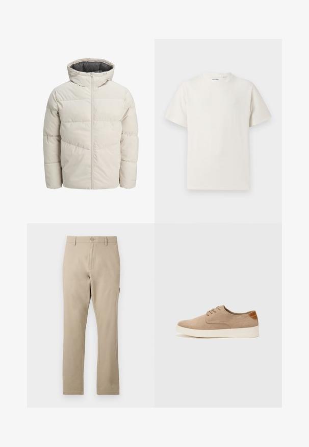 Giacca imbottita di colore beige chiaro con colletto alto e chiusura con zip. Presenta un design trapuntato e polsini elasticizzati. Tessuto leggero.; T-shirt bianca a maniche corte in texture a coste. Girocollo, vestibilità rilassata, senza modelli o accenti visibili. Design semplice e versatile.; Pantaloni in cotone beige con design a gamba dritta, dotati di chiusura frontale con bottone e dettagli di cucitura sottili. Texture liscia, senza pattern.; Sneaker in suede beige con punta arrotondata, stringhe davanti e un accento testurizzato sul retro. La suola in gomma bianca offre un contrasto. Design semplice e moderno.