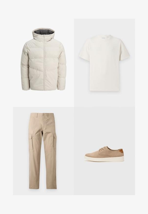 Padded jacket in light beige color with a high collar and zip closure. Features a quilted design and elastic cuffs. Lightweight fabric.; White short-sleeve T-shirt in a ribbed texture. Round neckline, relaxed fit, no visible patterns or accents. Simple and versatile design.; Beige cargo pants made of cotton, featuring side pockets, a straight leg design, and a button closure at the waist. Soft texture, casual style.; Beige suede sneakers with a rounded toe, lace-up front, and a textured back accent. White rubber sole provides contrast. Simple and modern design.