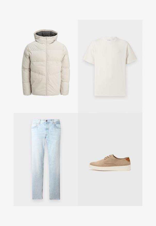 Giacca imbottita di colore beige chiaro con colletto alto e chiusura con zip. Presenta un design trapuntato e polsini elasticizzati. Tessuto leggero.; T-shirt bianca a maniche corte in texture a coste. Girocollo, vestibilità rilassata, senza modelli o accenti visibili. Design semplice e versatile.; Jeans in denim azzurro chiaro con design a gamba dritta, cinque tasche e chiusura con un bottone singolo, caratterizzati da macchie scolorite e una texture sottile.; Sneaker in suede beige con punta arrotondata, stringhe davanti e un accento testurizzato sul retro. La suola in gomma bianca offre un contrasto. Design semplice e moderno.