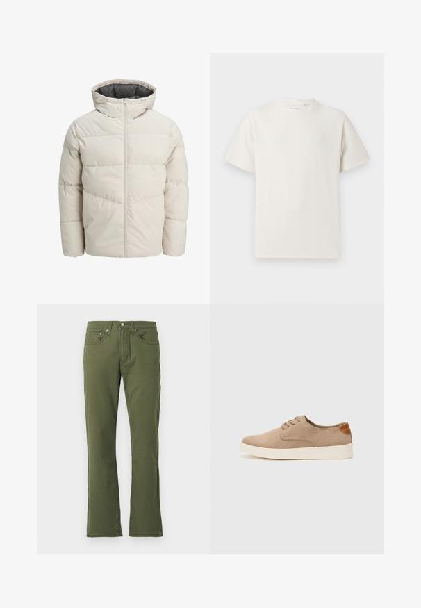 Polstret jakke i lys beige farge med høy krage og glidelås. Har en quiltet design og elastiske mansjetter. Lettvektstoff.; Hvit T-skjorte med kort erm i ribbestrikket tekstur. Rund hals, avslappet passform, ingen synlige mønstre eller detaljer. Enkelt og allsidig design.; Olivegrønne utsvingte jeans laget av bomull med en glatt tekstur; har fem lommer, knappelukking og subtile sømdetaljer.; Beige semskinnsko med rund tå, snøring foran og en teksturert bakre aksent. Hvit gummisåle gir kontrast. Enkelt og moderne design.