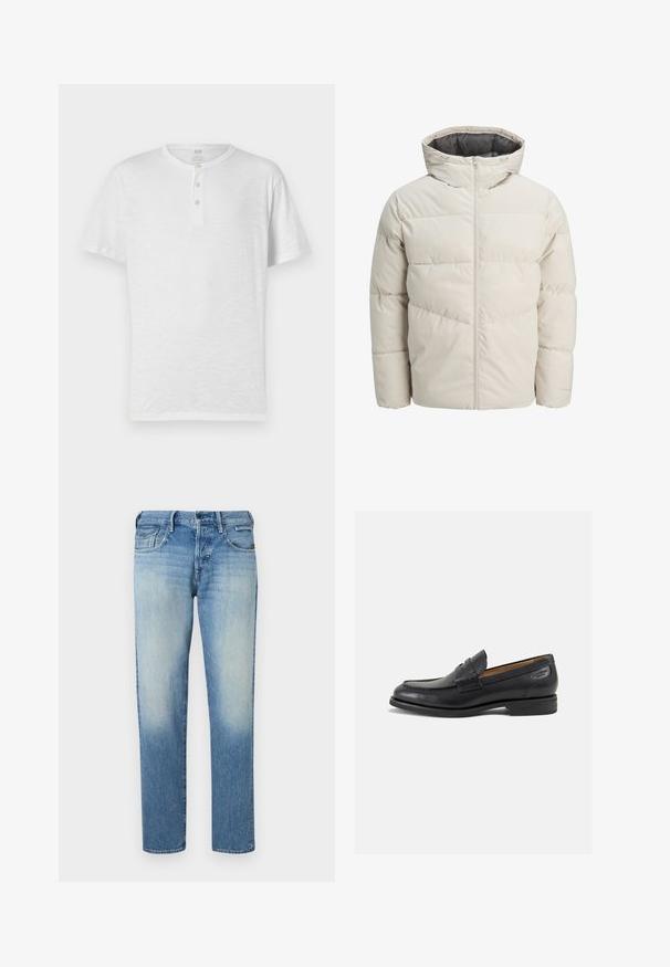 Polstret jakke i lys beige farve med høj krave og lynlås. Har et quiltet design og elastiske manchetter. Letvægtsstof.; Hvid kortærmet henley t-shirt med tre-knaps placket, lavet af letvægtigt, let struktureret stof. Rund halsudskæring, afslappet pasform.; Lys blå denim jeans med en falmet finish, lige ben, fem lommer og knaplukning. Syninger og mærke på bagsiden.; Sorte læder loafers med en glat finish, rund tå og dekorativ syning på vampen. Lav stablet hæl og let glans.