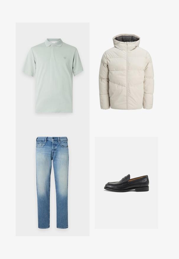 Padded jacket in light beige color with a high collar and zip closure. Features a quilted design and elastic cuffs. Lightweight fabric.; Jasnozielona koszulka polo z teksturowanym kołnierzykiem, krótkimi rękawami i haftowanym emblematem po lewej stronie klatki piersiowej. Miękka faktura materiału.; Niebieska i biała wrzosowa koszula na guziki z kołnierzykiem, długimi rękawami i prostym dołem. Miękki materiał i klasyczny krój.; Jasnoniebieskie dżinsy o wybledzonym wykończeniu, proste nogawki, pięć kieszeni i zapięcie na guzik. Szyte detale i metka marki z tyłu.; Czarne skórzane mokasyny o gładkim wykończeniu, zaokrąglonym nosku i dekoracyjnym przeszyciu na cholewce. Niski, warstwowy obcas i delikatny połysk.